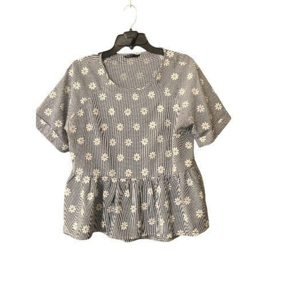 Womens Tunic Top Size 0XL SheIn Gingham Check Daisies Short Sleeve Ruffle